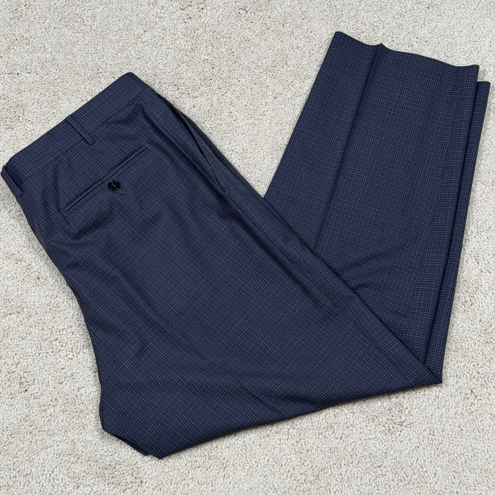 Canali Wool Plaid Dress Pants Mens‎ 38x26 Navy Blue Flat Front Tailored